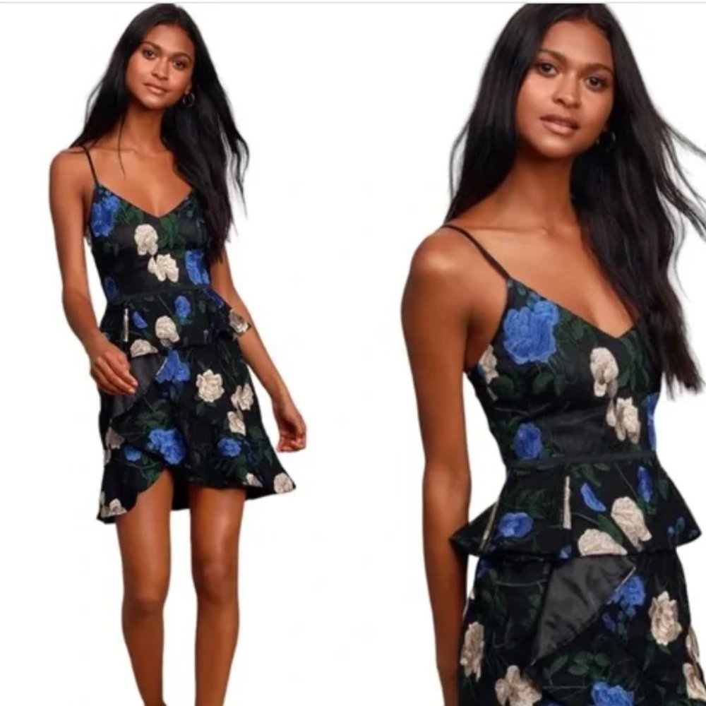 NWT Lulu's Black Floral Print Embroidered Skater Dress, Size XL